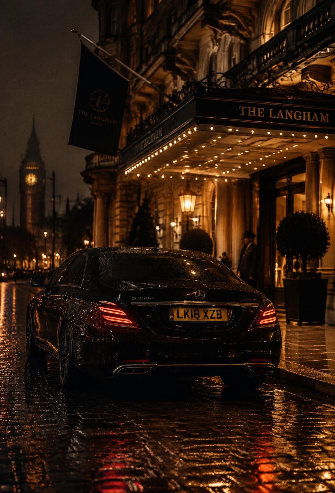 Chauffeured Mercedes outside a London hotel at night
